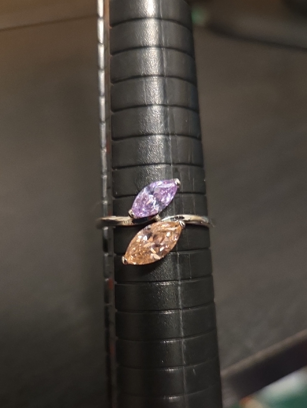 Sterling Silver Two-Stone Marquise Ring with Purple and Champagne Stones
